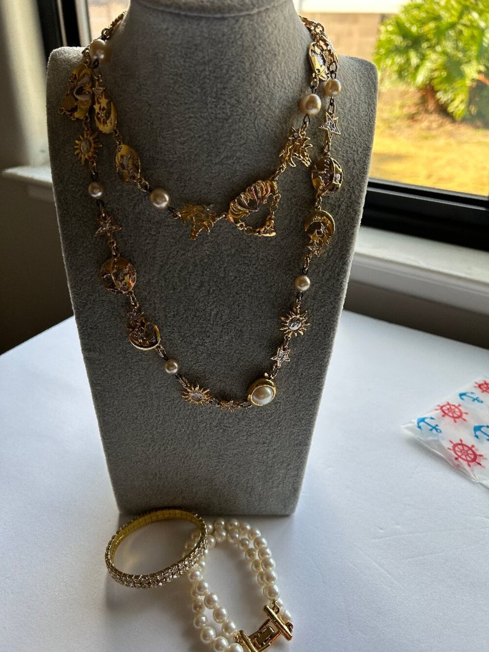 36" Gold Celestial Charms Necklace Pearls, Sun, Earth, Stars, Moon + 2 bracelets